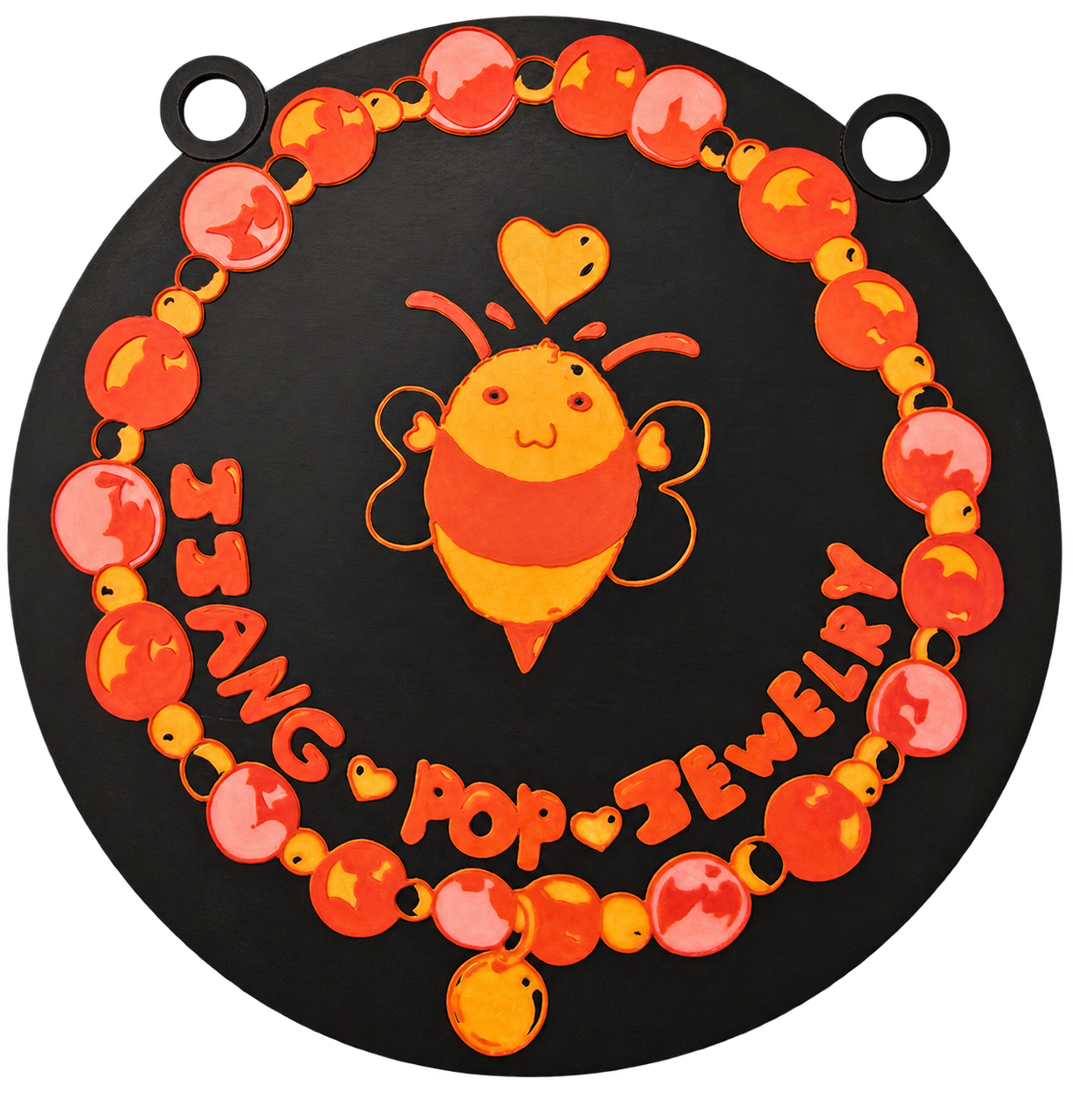 Round bee-themed business logo display with bright colors and hand-finished details