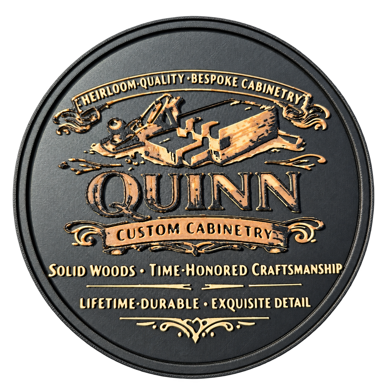 Detailed two-color Quinn Custom Cabinetry plaque
