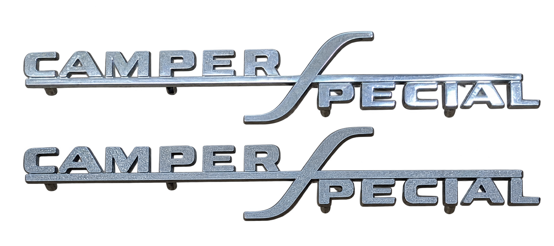 First view of metallic reproduction Camper Special vehicle emblems