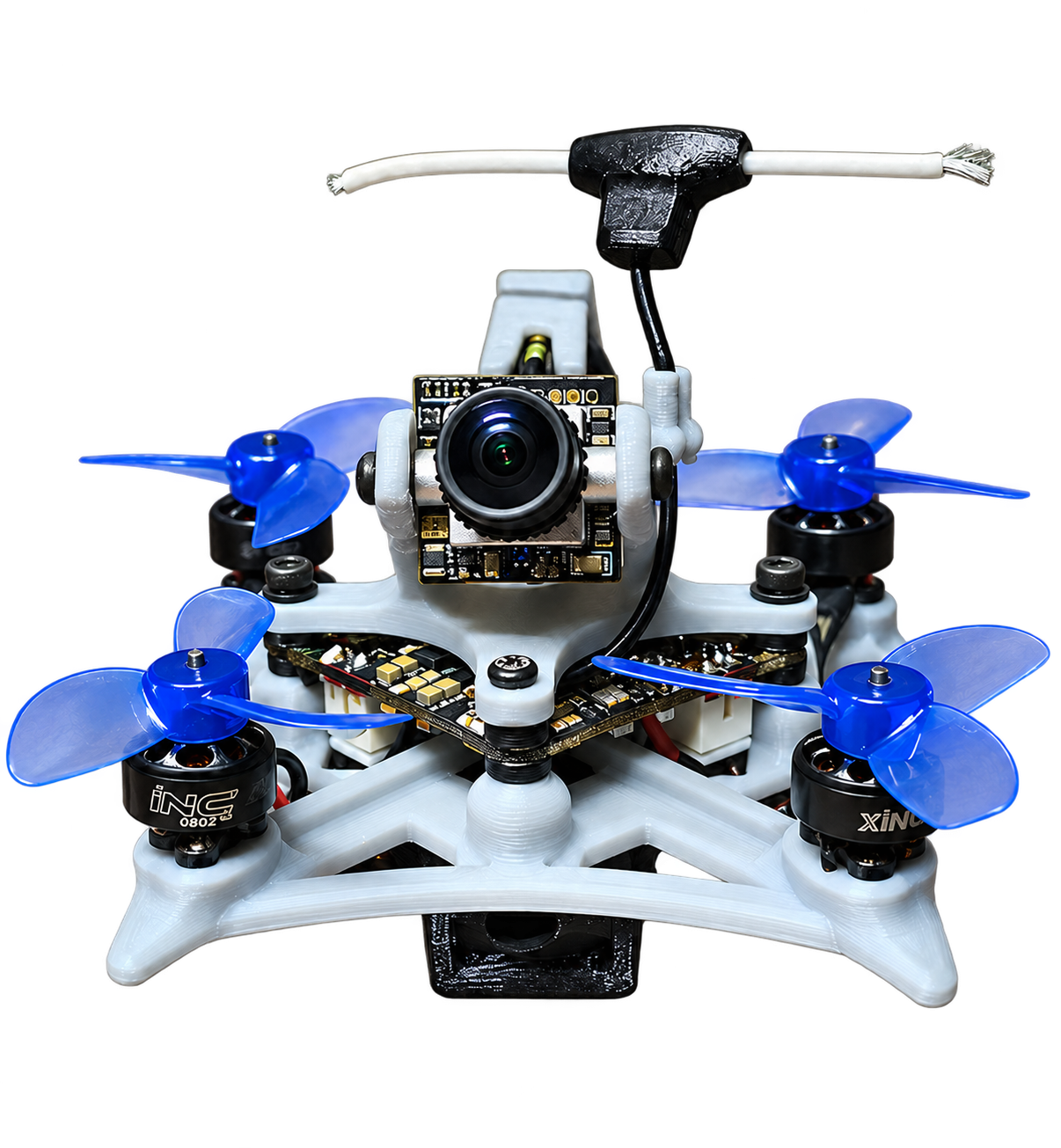 Front view of compact FPV drone prototype