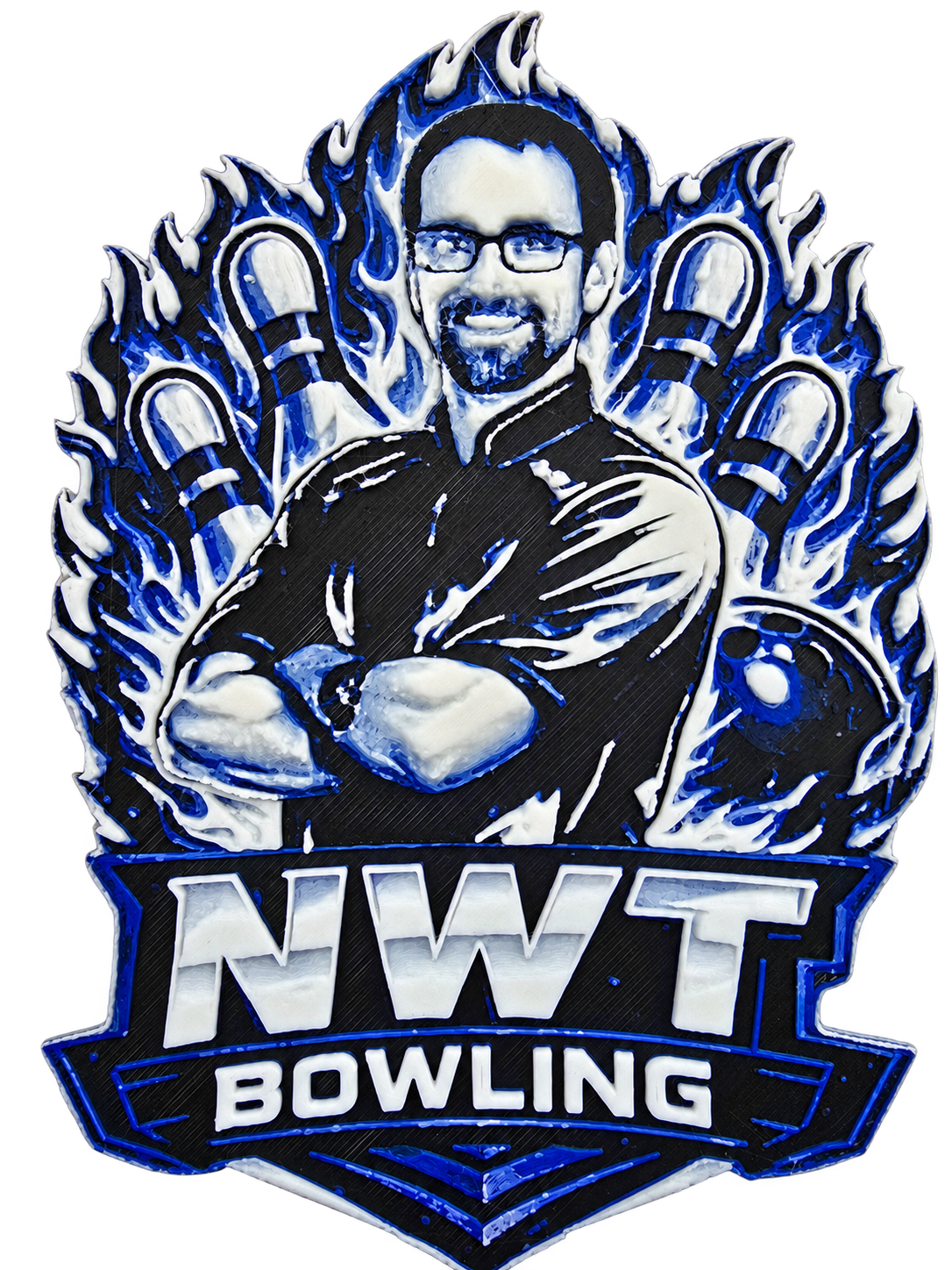 Layered blue, black, and white NWT Bowling wall sign